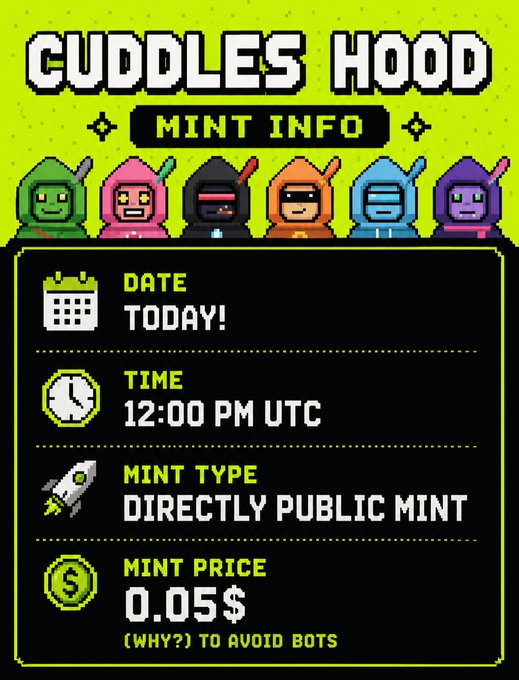 Mint information graphic for 'CUDDLES HOOD' NFT collection showing six pixel-art hooded characters, with details: Date 'TODAY!', Time '12:00 PM UTC', Mint Type 'DIRECTLY PUBLIC MINT', and Mint Price '0.05$ (WHY?) TO AVOID BOTS'.