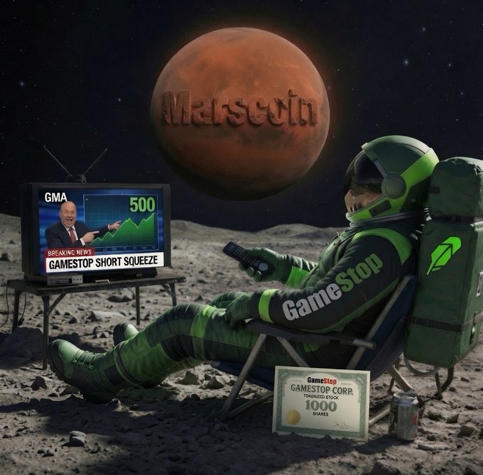 An astronaut lounges in a green GameStop-branded suit on the lunar surface, holding a remote while watching a GMA broadcast of the GameStop short squeeze with a stock price of 500, beneath a Mars-like planet reading "Marseth," alongside a $1,000 GameStop shares certificate—satirizing the post's pitch for RWA memecoins ($MARCOIN, $SPCX, $GME) by blending Wall Street's GameStop saga with space-age speculative branding.