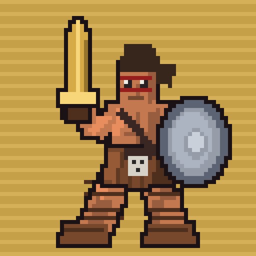 A pixel art character resembling a gladiator or warrior with brown skin and a red headband, holding a sword in one hand and a round shield in the other against a striped tan background.