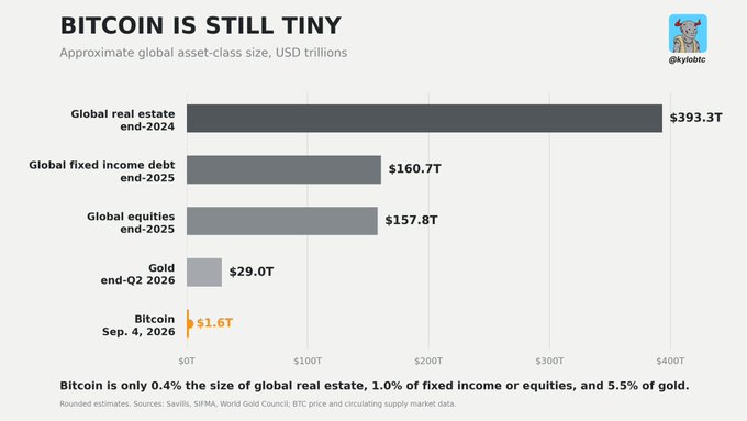 A bar chart titled 'BITCOIN IS STILL TINY' by @skynbtc showing approximate global asset-class size in USD trillions, comparing Global real estate ($393.3T), Global fixed income debt ($160.7T), Global equities ($157.8T), Gold ($29.0T), and Bitcoin ($1.6T).