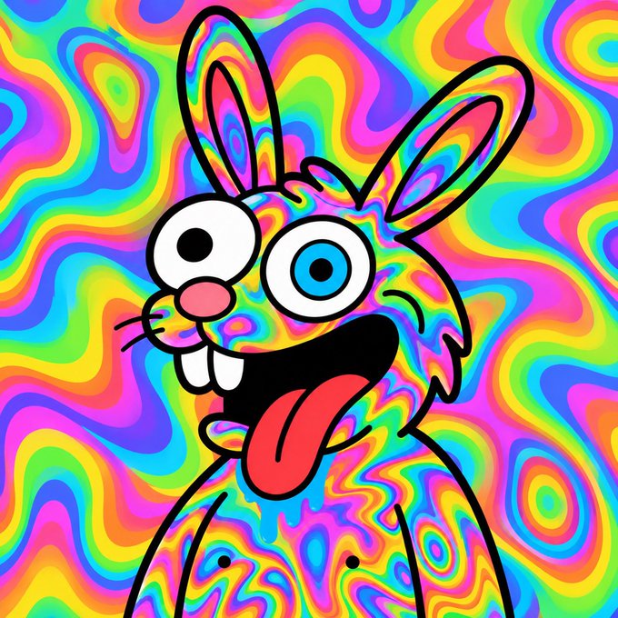 A wild, googly-eyed cartoon rabbit with a manic grin and lolling tongue appears against a swirling, psychedelic rainbow background, perfectly embodying the post's sentiment that "CRAZY is good."