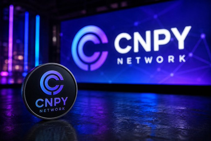 The image features a coin that says "CNPY Network" written on it. The coin is placed next to a large screen displaying the words "CNPY Network". The background of the image shows a dark room with blue lights, creating an interesting contrast between the illuminated screen and the dark surroundings.