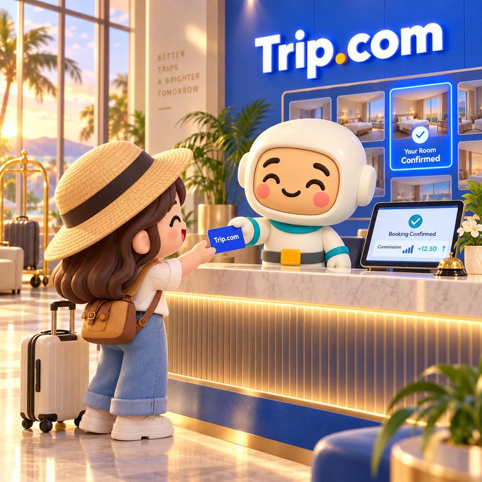 A 3D cartoon illustration shows a girl with a sun hat and backpack handing a Trip.com card to an astronaut mascot at a hotel reception desk, with 'Booking Confirmed' and '+12.50' commission displayed.