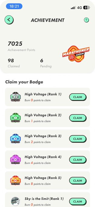 A mobile app screenshot of an Achievement page showing 7025 points (98 claimed, 6 pending) for Marathon 100KM, with various 'High Voltage' and 'Sky is the limit' badges available to claim.