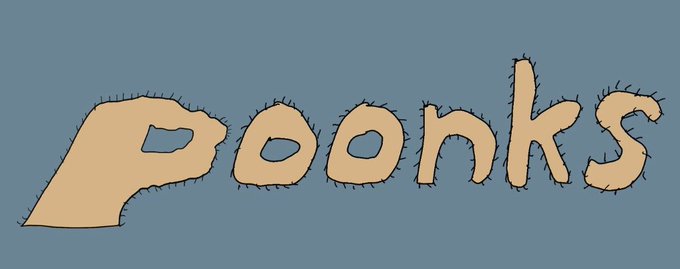 A simple cartoon drawing of the word "Poonks" in a peach-colored, slightly hairy font against a grayish-blue background.