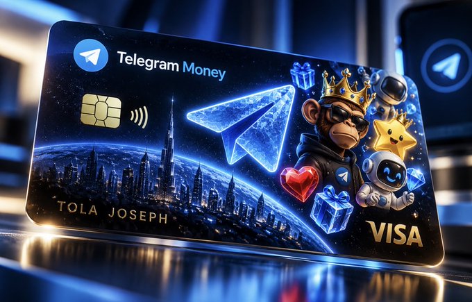 A futuristic virtual Visa card branded "Telegram Money" is displayed, featuring customizable NFT-style elements like gift boxes, a crown-wearing monkey avatar, a star character, and an astronaut, with the cardholder name "TOLA JOSEPH" visible against a cityscape backdrop. The design reflects the post's claim about Telegram Money allowing users to customize their virtual cards with NFT gifts, repositionable elements, and resizable features—showcasing Pavel Durov's vision for a dynamic, modern digital payment experience far beyond static card designs.