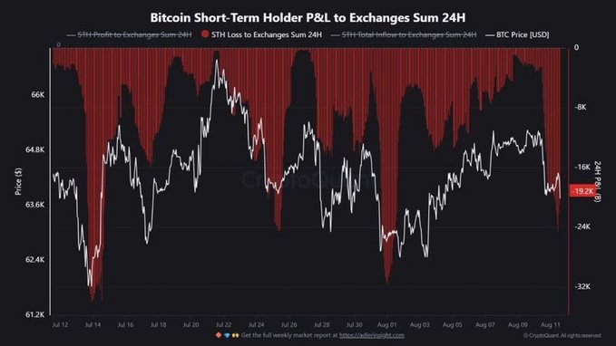 A CryptoQuant chart titled "Bitcoin Short-Term Holder P&L to Exchanges Sum 24H" displays BTC price (~$63.2K-$66K range) from July 12 to August 11, showing STH losses to exchanges spiking to approximately -19.2K BTC, which corresponds to the 19,200 BTC moved at a loss mentioned in the post.