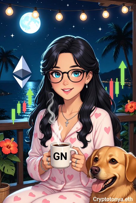 An anime-style illustration shows a dark-haired woman in pink heart pajamas holding a steaming 'GN' mug, with an Ethereum logo, green trading chart arrows, and a golden dog beside her.