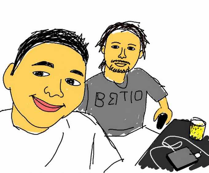 A simple digital sketch shows two men, with the one on the right wearing a grey shirt with mirrored text reading 'BƎTIO' as he sits near a mouse and computer.