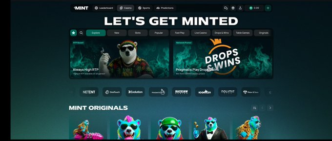 A screenshot of the Mint crypto gaming platform homepage with the text "LET'S GET MINTED" and "DROPS & WINS" promotional banners.