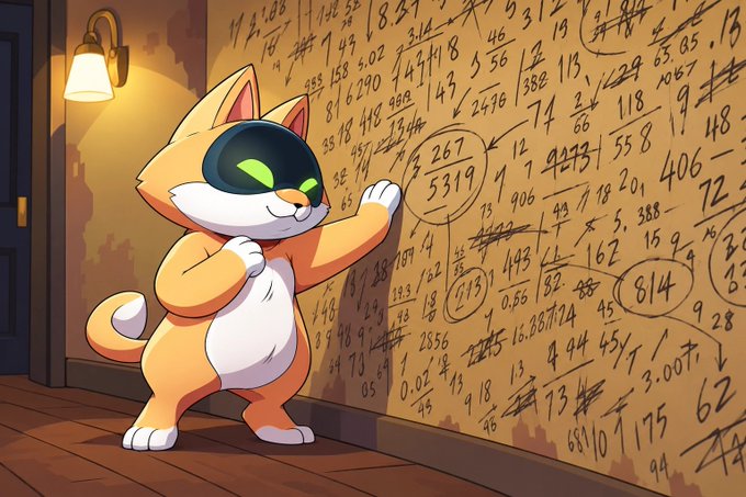 An illustration of a cartoon cat with green eyes examining a wall covered in complex mathematical equations and calculations.