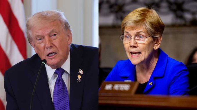 A split image shows Donald Trump speaking into a microphone on the left and Elizabeth Warren speaking at a podium on the right. The image visually represents the opposition between Trump and a prominent Democrat like Warren, aligning with the post's claim of Democrats wanting to "hurt Trump."