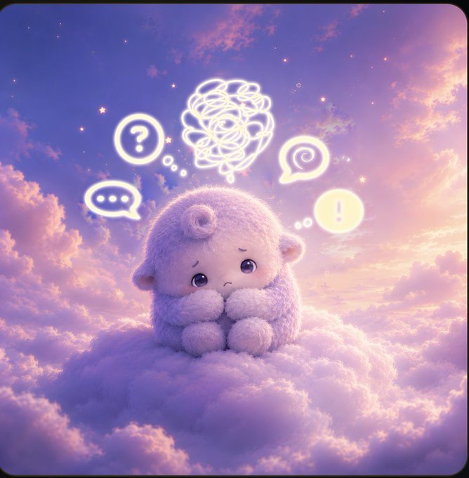 A fluffy, round purple creature sits on a cloud at sunset with a scribbled thought bubble above its head surrounded by question mark and exclamation point speech bubbles.