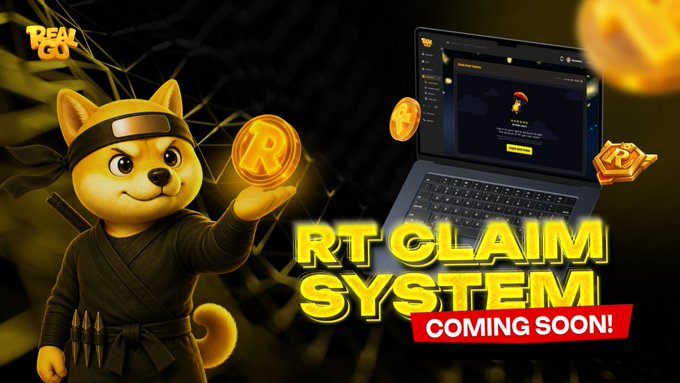 A ninja-style cartoon Shiba Inu mascot holds glowing gold coins beside a laptop displaying a "Points Claim" interface, with bold text announcing "RT CLAIM SYSTEM COMING SOON!" and a "REAL GO" logo in the corner, visually promoting the upcoming points claim milestone mentioned in the post.
