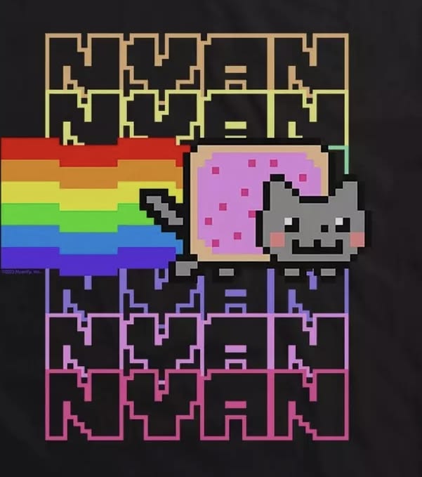 Pixel art graphic featuring the word 'NYAN CAT' in rainbow gradient letters with a gray cat with a Pop-Tart body above it, set against a black background.