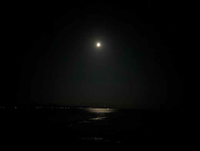 A bright full moon illuminates a dark, tranquil seascape, its light reflecting across the gentle waves in a shimmering path toward the horizon. The serene nighttime scene evokes a sense of peaceful floating on the ocean, aligning with the post's evocative caption "海に浮かぶ" (floating on the sea).