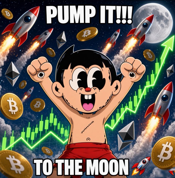 An illustrated meme showing a cartoon character with raised fists surrounded by rockets, Bitcoin coins, Ethereum logos, and a green rising chart, with the text 'PUMP IT!!! TO THE MOON.'