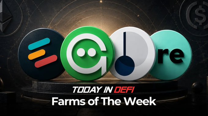 The image features a poster with four different logos, each representing a cryptocurrency or farm management platform. The first logo shows a green circle with a white "E" inside of it, which could represent Ethereum. The second logo displays a blue circle with a white "G" in the center, possibly representing another type of cryptocurrency. The third logo is a green circle with an orange "E", and the fourth logo features a blue circle with a white "R" in the middle. These logos are arranged on a black background, creating a visually appealing contrast against the dark backdrop. The text at the bottom of the image reads "Today In Defi: Farms of the Week".