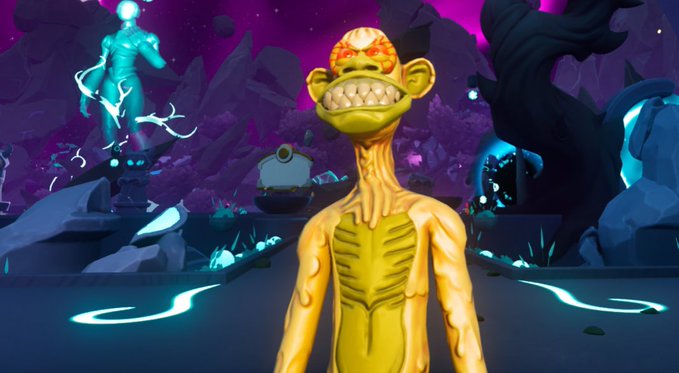 A 3D-rendered, monstrous humanoid figure with an exposed brain and wide toothy grin stands in a surreal purple-lit fantasy landscape with glowing blue elements.