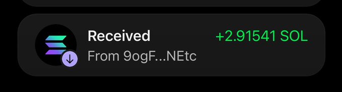 A crypto transaction notification showing **2.91541 SOL received** from a wallet address starting with "9ocF...NEtc," which serves as proof of the sender fulfilling the giveaway request by distributing Solana to a follower who liked, retweeted, and commented their wallet address.