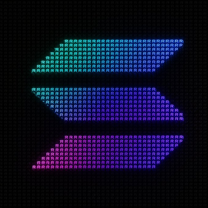 A digital artwork of the Solana logo created entirely from repeating cyan, blue, and purple letters, set against a dark background with faint repeating patterns.