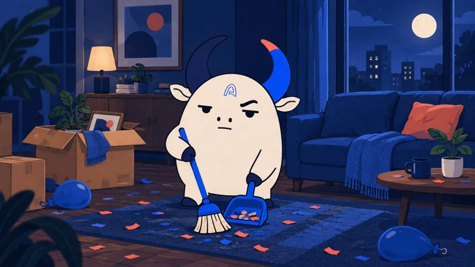A cartoon illustration of a grumpy white bull character with a blue horn sweeping up colorful confetti in a messy living room at night, suggesting post-party cleanup.