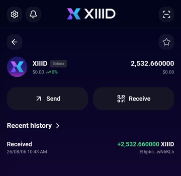 A crypto wallet screenshot displays the XIIID token on the Solana network, showing a balance of 2,532.660000 XIIID ($0.00) with a recent "Received" transaction of +2,532.660000 XIIID completed on 26/08/06 at 10:43 AM, confirming the successful withdrawal mentioned in the post.