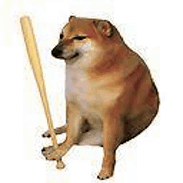 The classic 'cheems' or 'doge' meme image of a Shiba Inu dog sitting and holding a baseball bat.