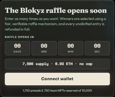 A countdown screen for "The Blokyz raffle" showing it opens in 00 days, 00 hours, 00 minutes, 00 seconds, with details of 7,500 supply at 0.03 ETH with no cap, and a "Connect wallet" button below. The post notes the raffle will open at 9 PM tonight on the ETH network, matching the 7,500 NFT supply and 0.03 ETH price point displayed in the image.