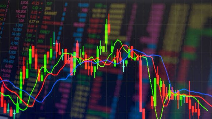 A stock market chart displaying candlesticks and moving averages in red, green, and blue, set against a blurred background of financial data tickers like TVT and AAN.