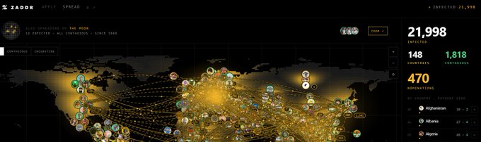 A world map dashboard interface showing tracking or infection data with 21,998 infected, 148 countries, 1,818 contractors, and 470 subcontractors, with bright yellow connection lines across the map.