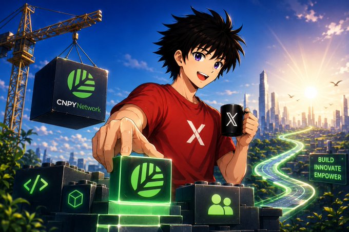 An anime-style builder in a red shirt with an "X" logo cheerfully stacks glowing blocks—one featuring the "CNPY Network" emblem—against a sunrise cityscape with a sign reading "BUILD INNOVATE EMPOWER." The image visually reinforces the post's theme by depicting CNPY Network as the empowering foundation that helps builders overcome friction and bring their ideas to life.