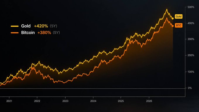 A dark-themed line chart compares five-year performance for Gold and Bitcoin from 2021 through 2026, showing both rising sharply despite fluctuations. The labels read “Gold +420% (5Y)” and “Bitcoin +380% (5Y),” with a right-side percentage axis from 0% to 500%, illustrating their shared long-term macro upside alongside the post’s discussion of near-term gold weakness.