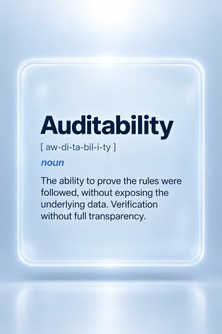 A clean, minimalist definition card on a light blue glassy background defining the word 'Auditability' with its phonetic pronunciation and the description: 'The ability to prove the rules were followed, without exposing the underlying data. Verification without full transparency.'