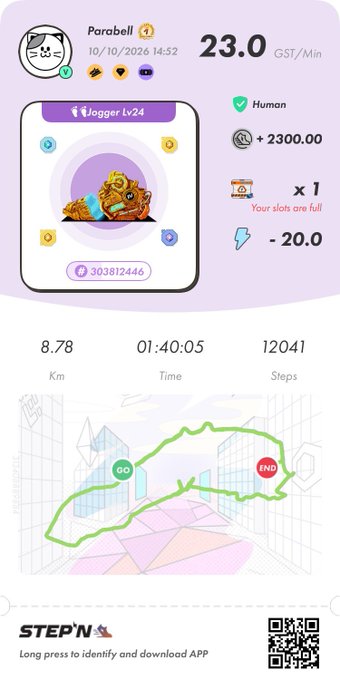 A STEPN app screenshot showing a user named "Parabol" with 23.0 GST/Min, a tiger NFT avatar, walking stats of 8.78 km, 01:40:05 time, and 12,041 steps displayed on a green route map.