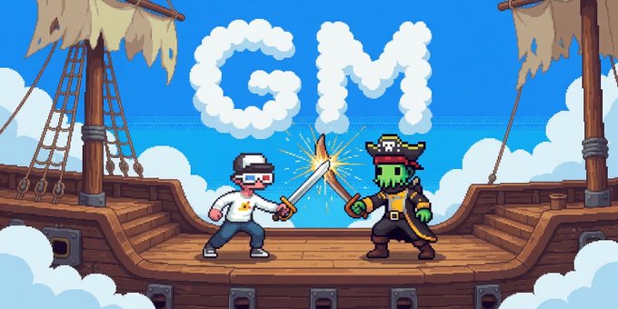 Pixel art style image showing two characters dueling with swords on a pirate ship deck, with clouds forming the letters 'GM' in the sky.