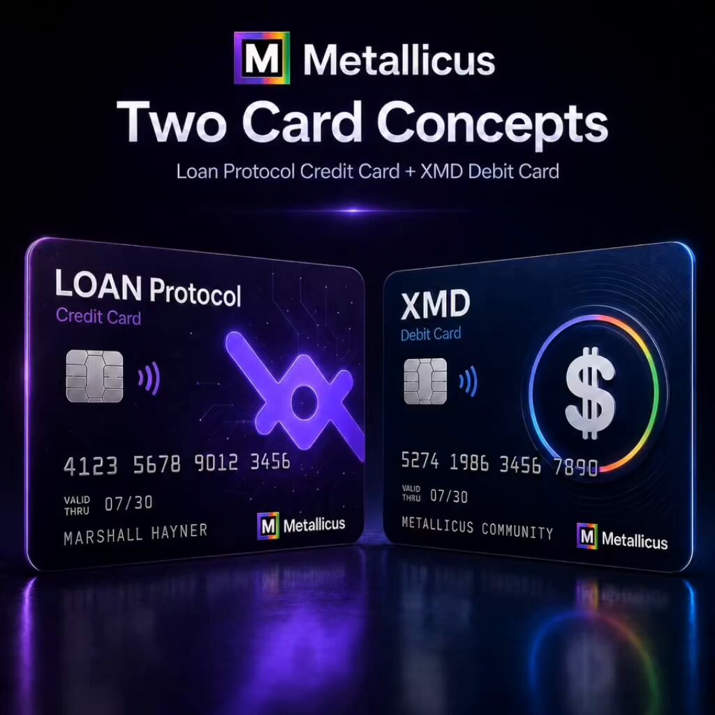 The image shows two credit cards side by side with a purple background. The first card has a purple border and displays "LOAN Credit Card" at the top, while the second card features a purple border and says "XMD Debit Card". Both cards have a unique design that stands out against the purple backdrop.