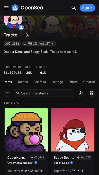An OpenSea NFT portfolio page for the wallet 'Tracto' showing a USD value of $1,639.66 with 39% NFTs and 61% tokens, featuring items like CyberKongz and Sappy Seals.