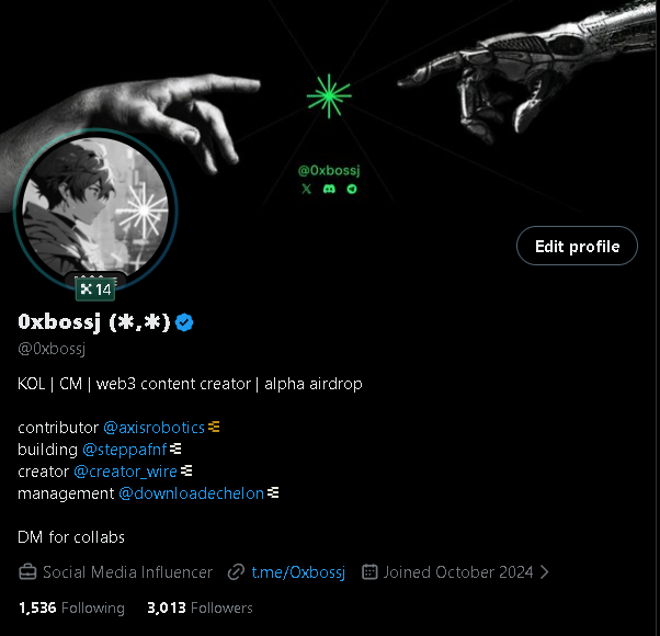 An X profile for verified user “0xbossj (*,*)” (@0xbossj) describes them as a “KOL | CM | web3 content creator | alpha airdrop,” with 1,536 following and 3,013 followers.