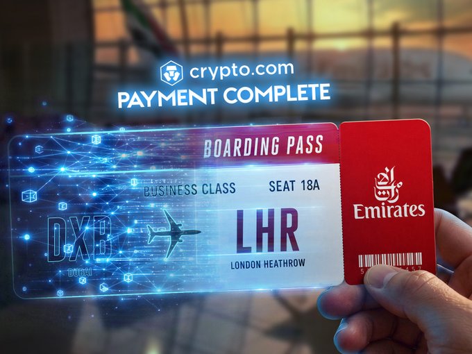 The image shows a hand holding a red Emirates boarding pass for a Business Class flight from Dubai (DXB) to London Heathrow (LHR), seat 18A, alongside a futuristic digital "Boarding Pass" overlay with a "crypto.com PAYMENT COMPLETE" banner at the top. The composite visually reinforces the post's message that Emirates, the world's most profitable airline, is now accepting digital assets for flight bookings, symbolizing the integration of cryptocurrency into mainstream travel and everyday finance.