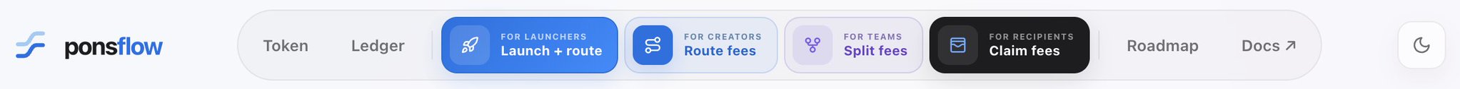 A website navigation bar for 'ponsflow' shows menu items including Token, Ledger, Launch + route, Route fees, Split fees, Claim fees, Roadmap, and Docs.