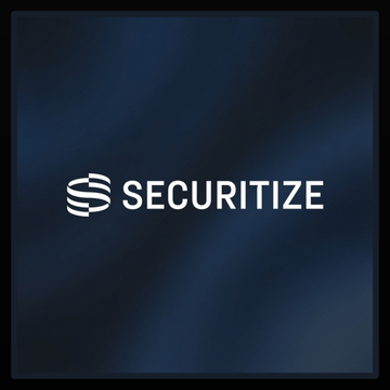 The image displays the "SECURITIZE" logo in white text on a dark blue gradient background. The branding visually corresponds to the announcement of Securitize's launch of tokenized U.S. stocks, including major tech companies like Apple, Microsoft, Nvidia, and others, on the Solana blockchain.