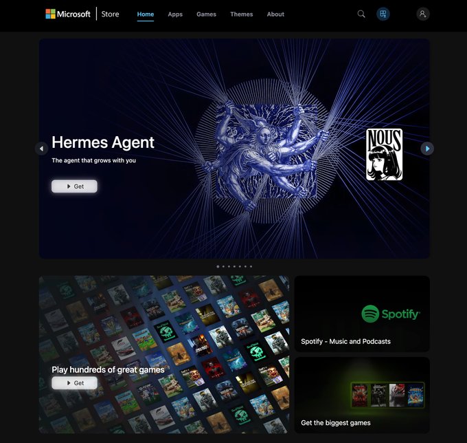 The Microsoft Store homepage featuring a featured banner for 'Hermes Agent' ('The agent that grows with you') and promotional sections for Spotify and game collections.