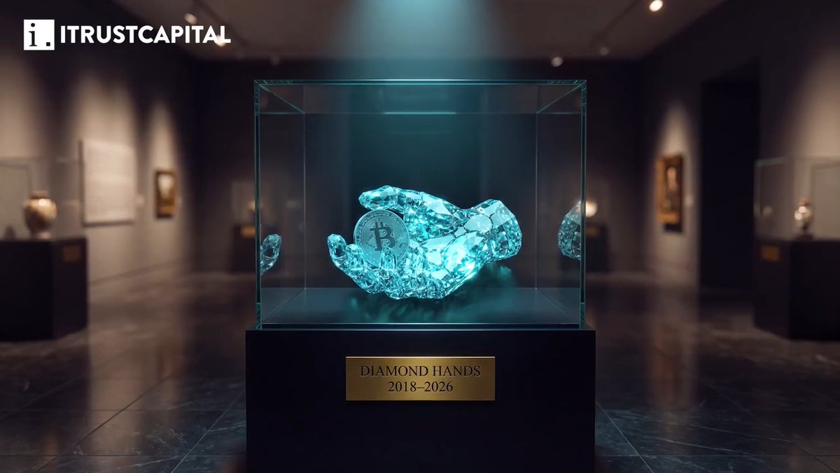 A Bitcoin coin encased in crystal hands is displayed in a glass case with a plaque reading "DIAMOND HANDS 2018-2026," while "ITRUSTCAPITAL" appears in the top left corner, satirizing the "hold forever" crypto mantra as a relic being preserved in a museum. The image visually reinforces the post's message that blindly holding through losses is an outdated strategy, teasing a new approach launching in September 2026.