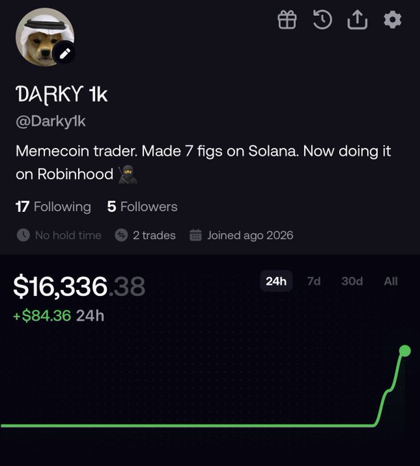 A screenshot of a trading portfolio titled "DARKY 1k" (@Darky1k) showing a balance of $16,336.38 with a +$84.36 24h gain, where the account bio reads "Memecoin trader. Made 7 figs on Solana. Now doing it on Robinhood," aligning with the post's promotion of Robinhood chain trading gains.