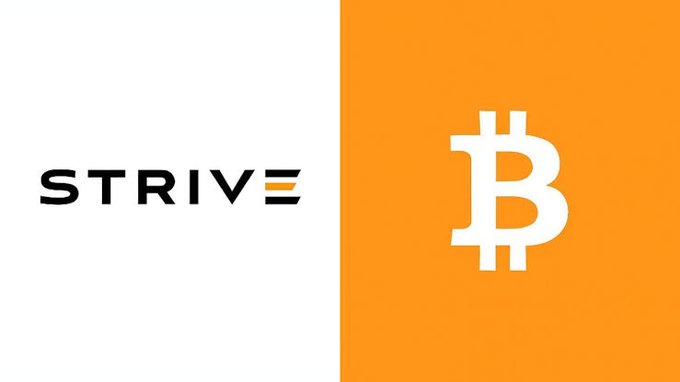 A side-by-side graphic showing the STRIVE logo in black on a white background next to the Bitcoin (₿) symbol in white on an orange background.