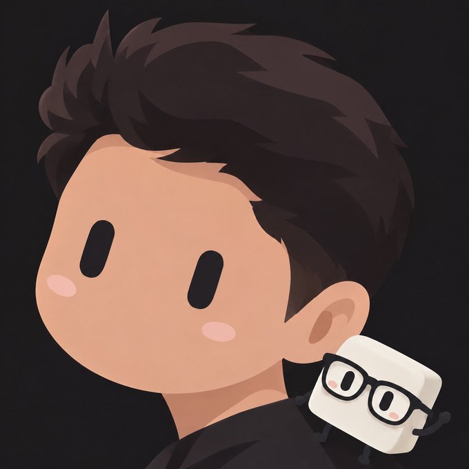 A cartoon-style illustration shows a young man with brown hair and pink cheeks, accompanied by a small white character with glasses peeking out from behind his shoulder on a black background.
