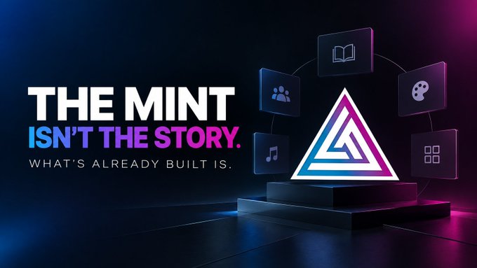 A promotional graphic with the text 'THE MINT ISN'T THE STORY. WHAT'S ALREADY BUILT IS.' displayed next to a glowing triangular logo and connected app icons.