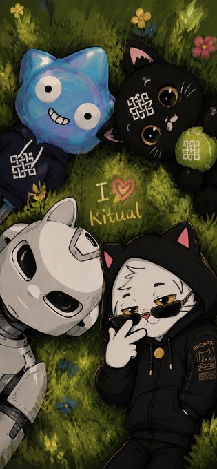 Illustration of four cute mascot characters (blue cat, black cat, robot, and hoodie-wearing cat) lying on grass with the handwritten text 'I ❤️ Kitval'.