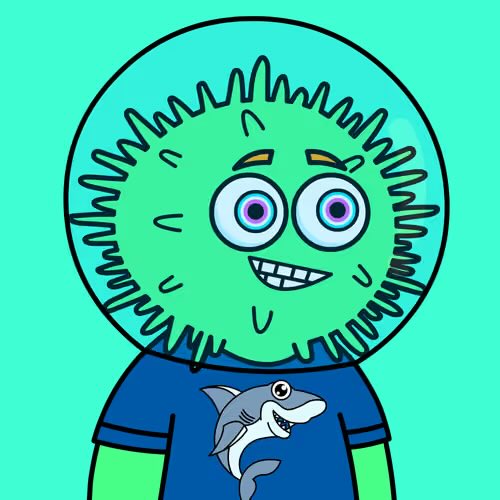 A cartoon drawing of a character with a green spiky circular head, large eyes, and a blue shirt featuring a shark design.
